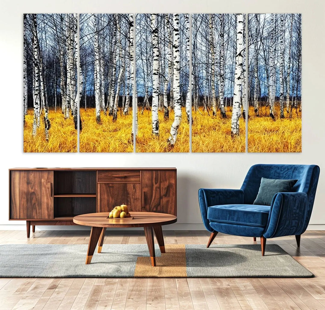 The Birch Trees Wall Art Print features a birch forest with yellow grass.