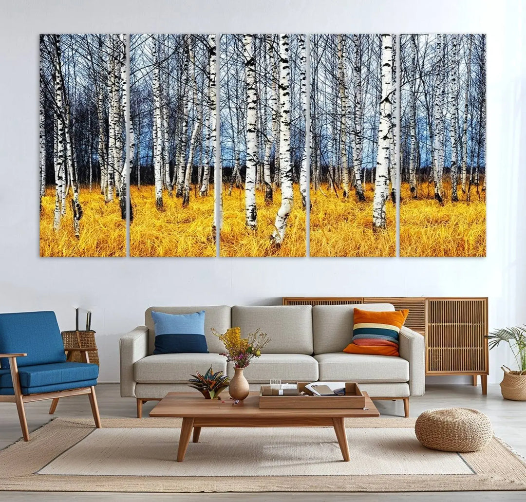 The Birch Trees Wall Art Print features a birch forest with yellow grass.