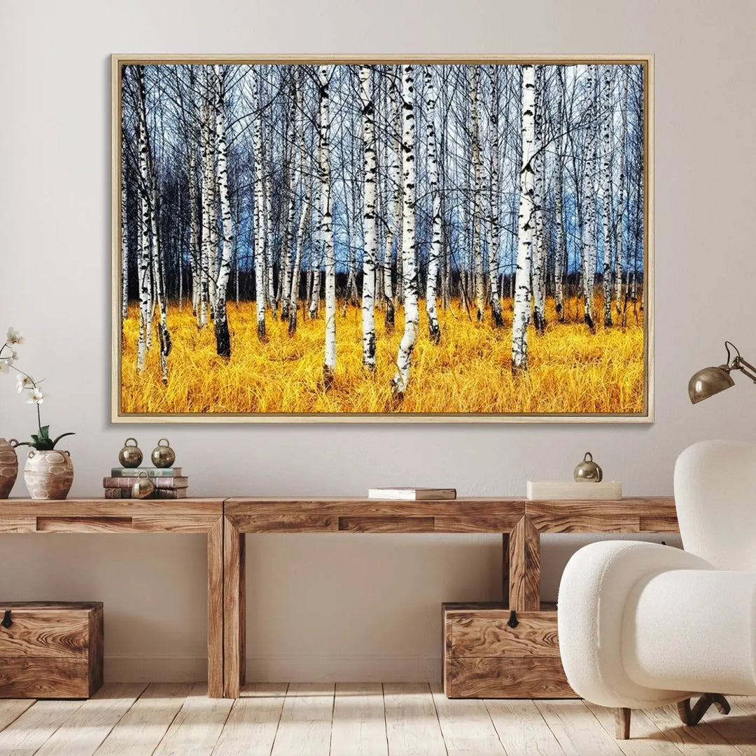 The Birch Trees Wall Art Print features a birch forest with yellow grass.