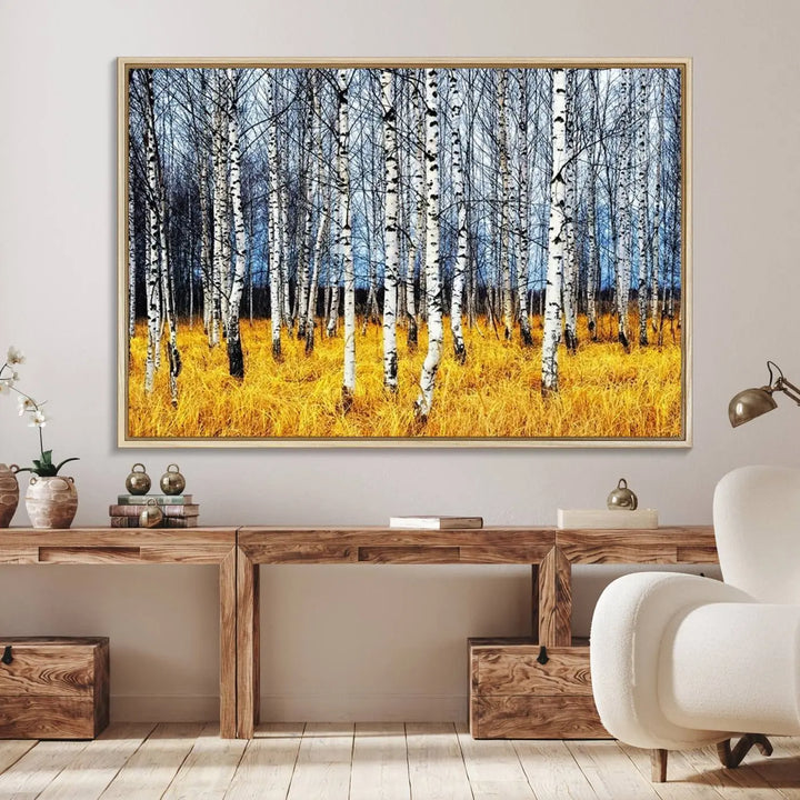 The Birch Trees Wall Art Print features a birch forest with yellow grass.