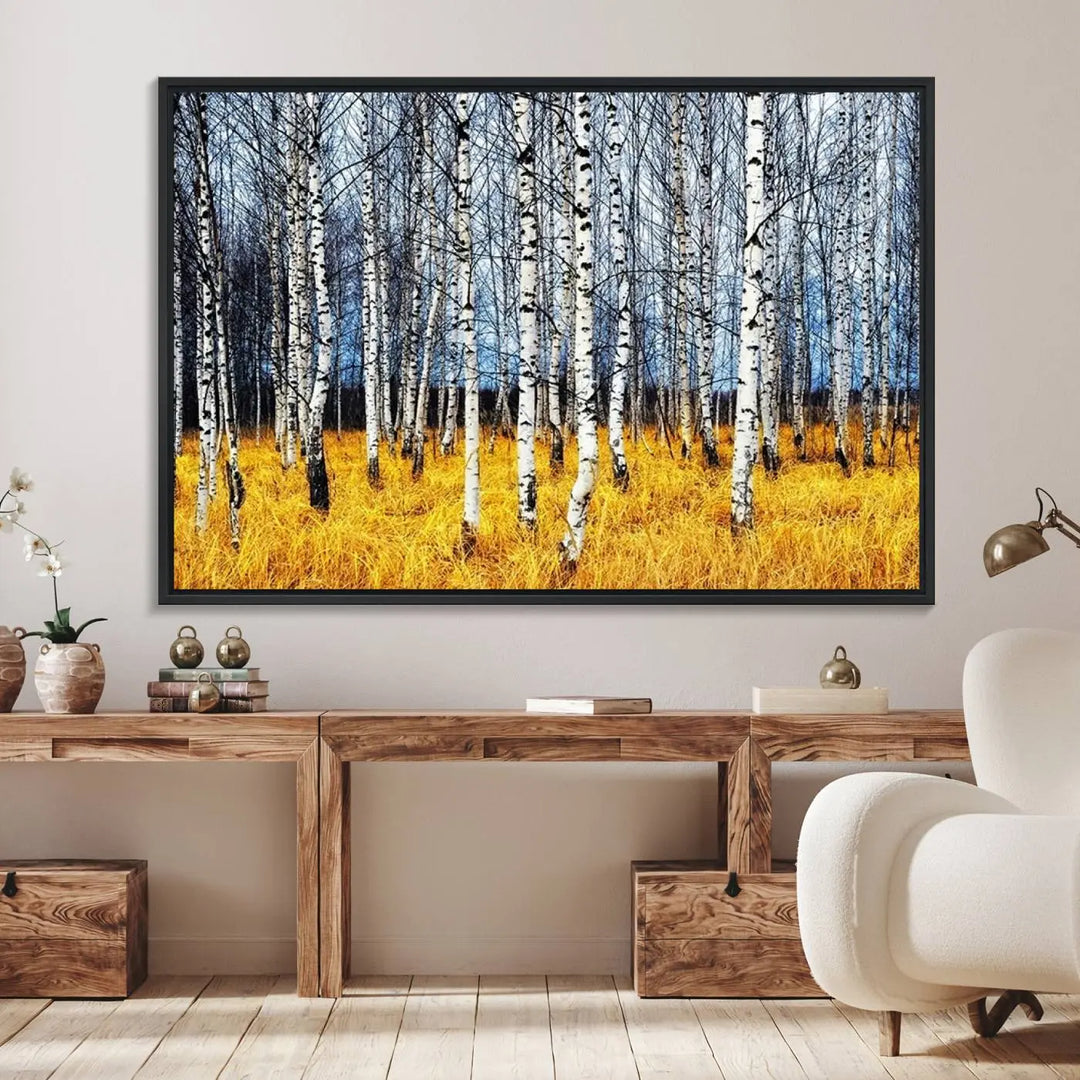 The Birch Trees Wall Art Print features a birch forest with yellow grass.