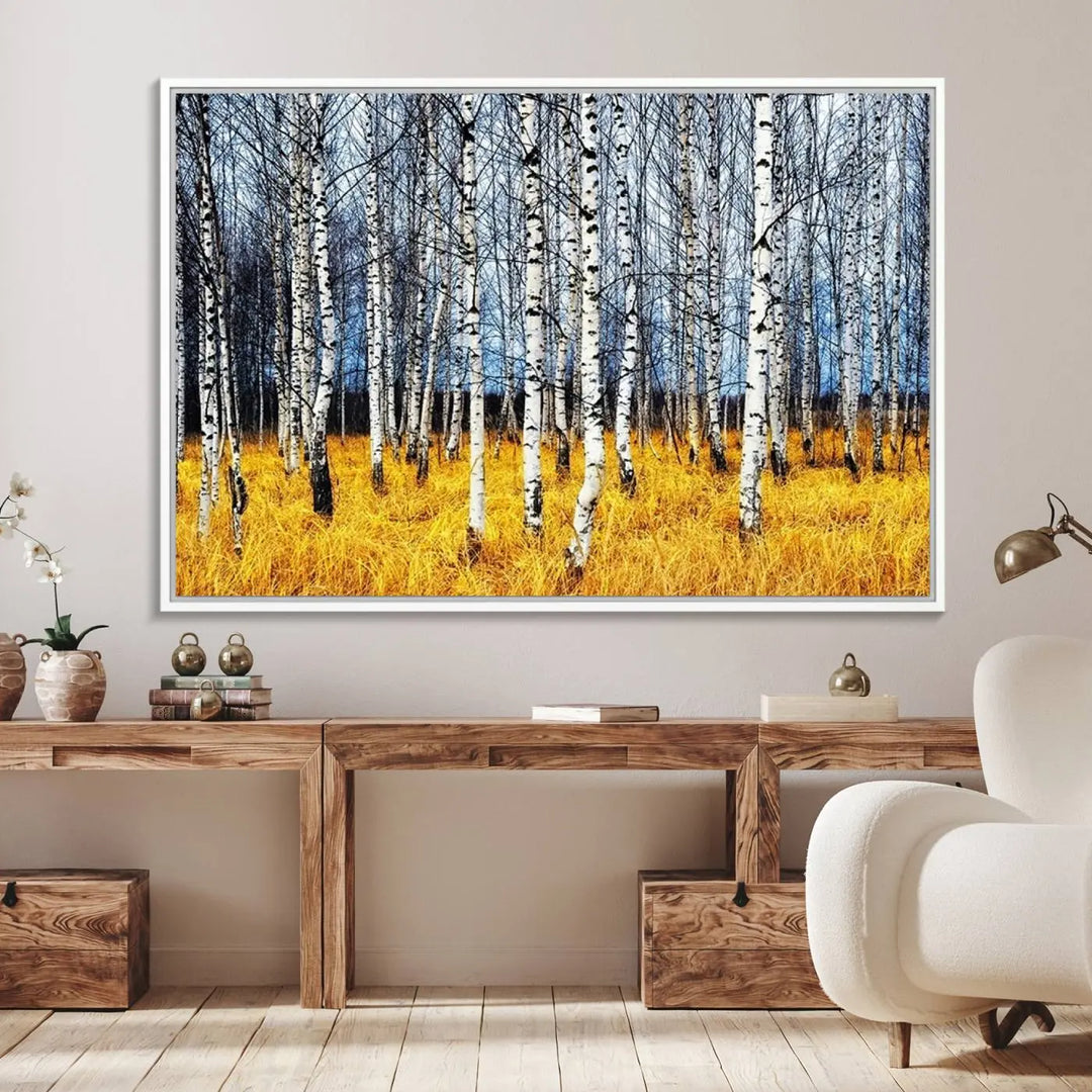 The Birch Trees Wall Art Print features a birch forest with yellow grass.