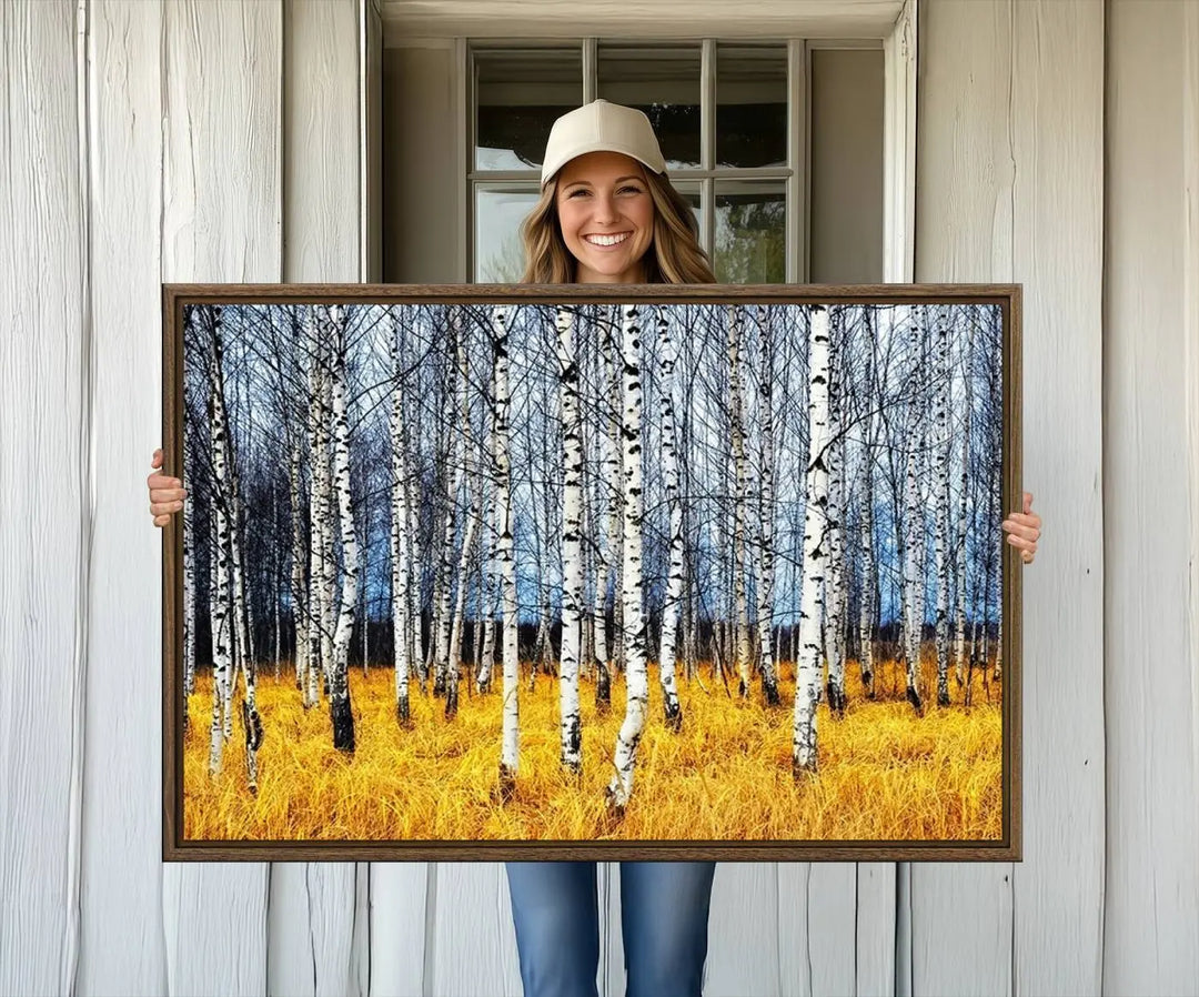 The Birch Trees Wall Art Print features a birch forest with yellow grass.