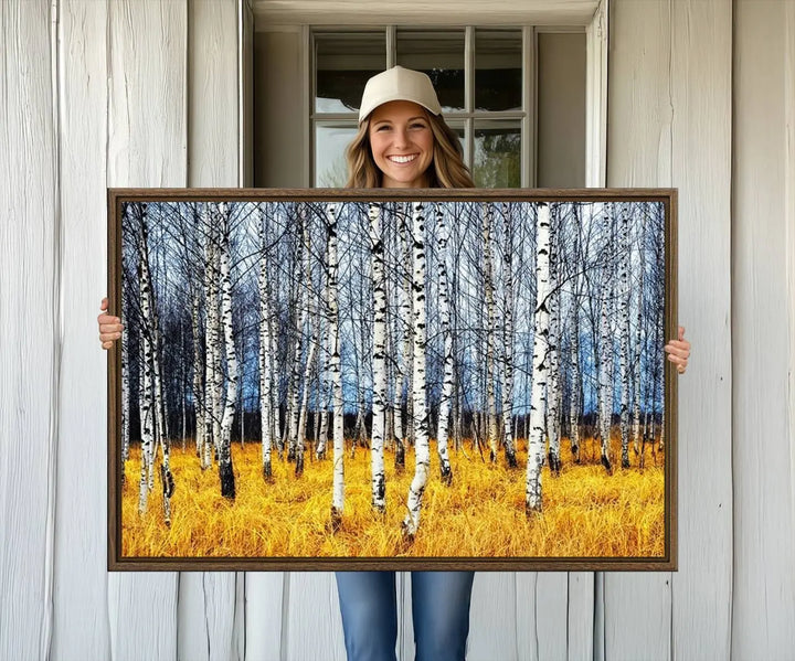 The Birch Trees Wall Art Print features a birch forest with yellow grass.