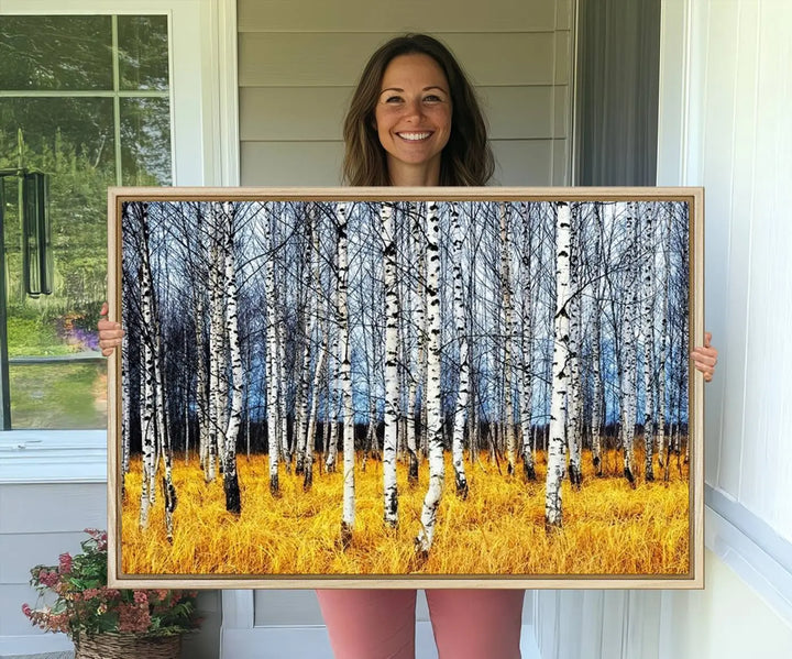 The Birch Trees Wall Art Print features a birch forest with yellow grass.