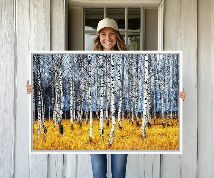 The Birch Trees Wall Art Print features a birch forest with yellow grass.