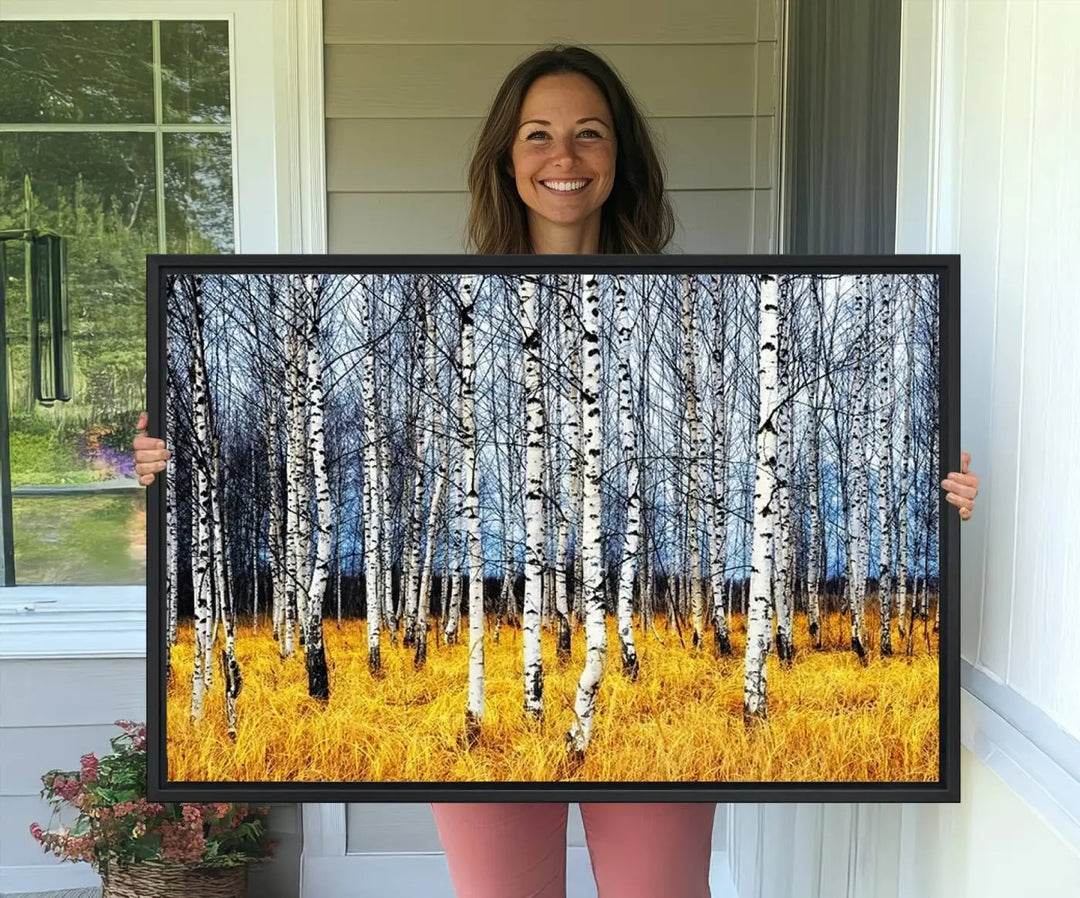 The Birch Trees Wall Art Print features a birch forest with yellow grass.