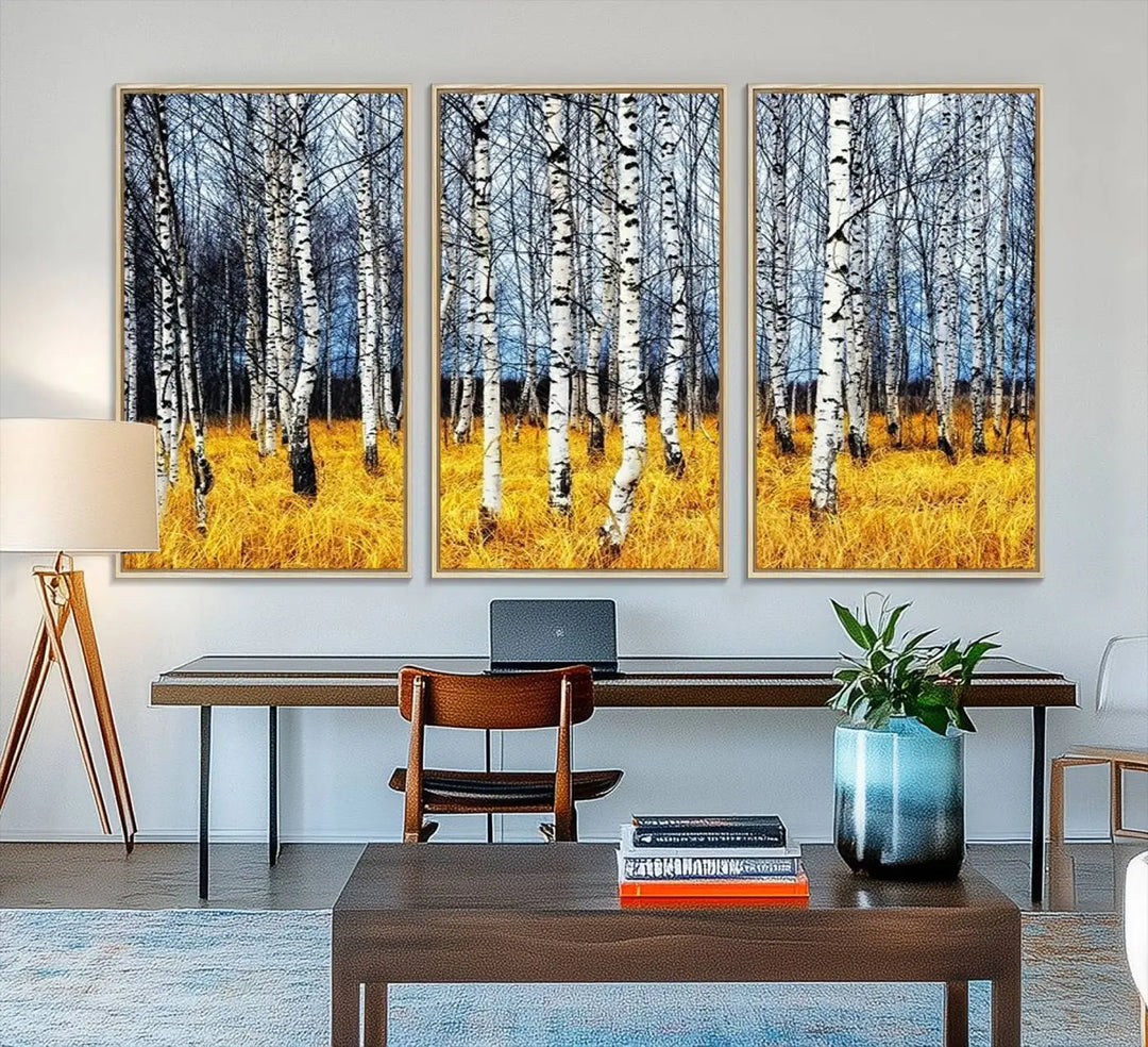 The Birch Trees Wall Art Print features a birch forest with yellow grass.