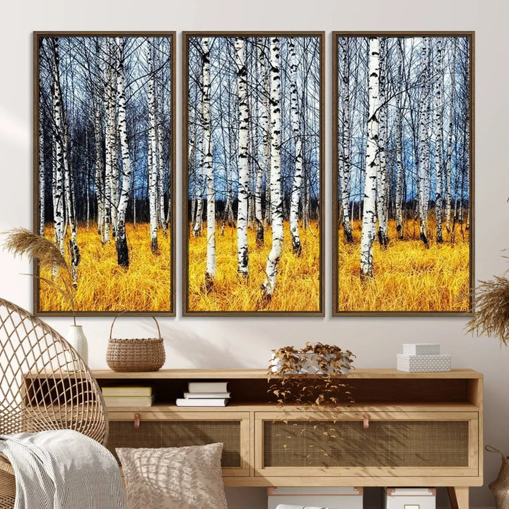 The Birch Trees Wall Art Print features a birch forest with yellow grass.