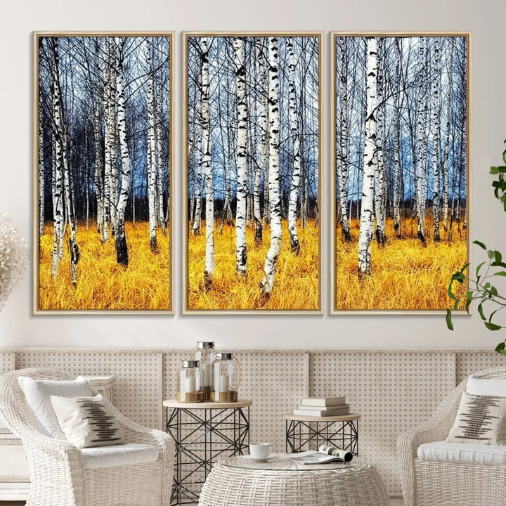 The Birch Trees Wall Art Print features a birch forest with yellow grass.