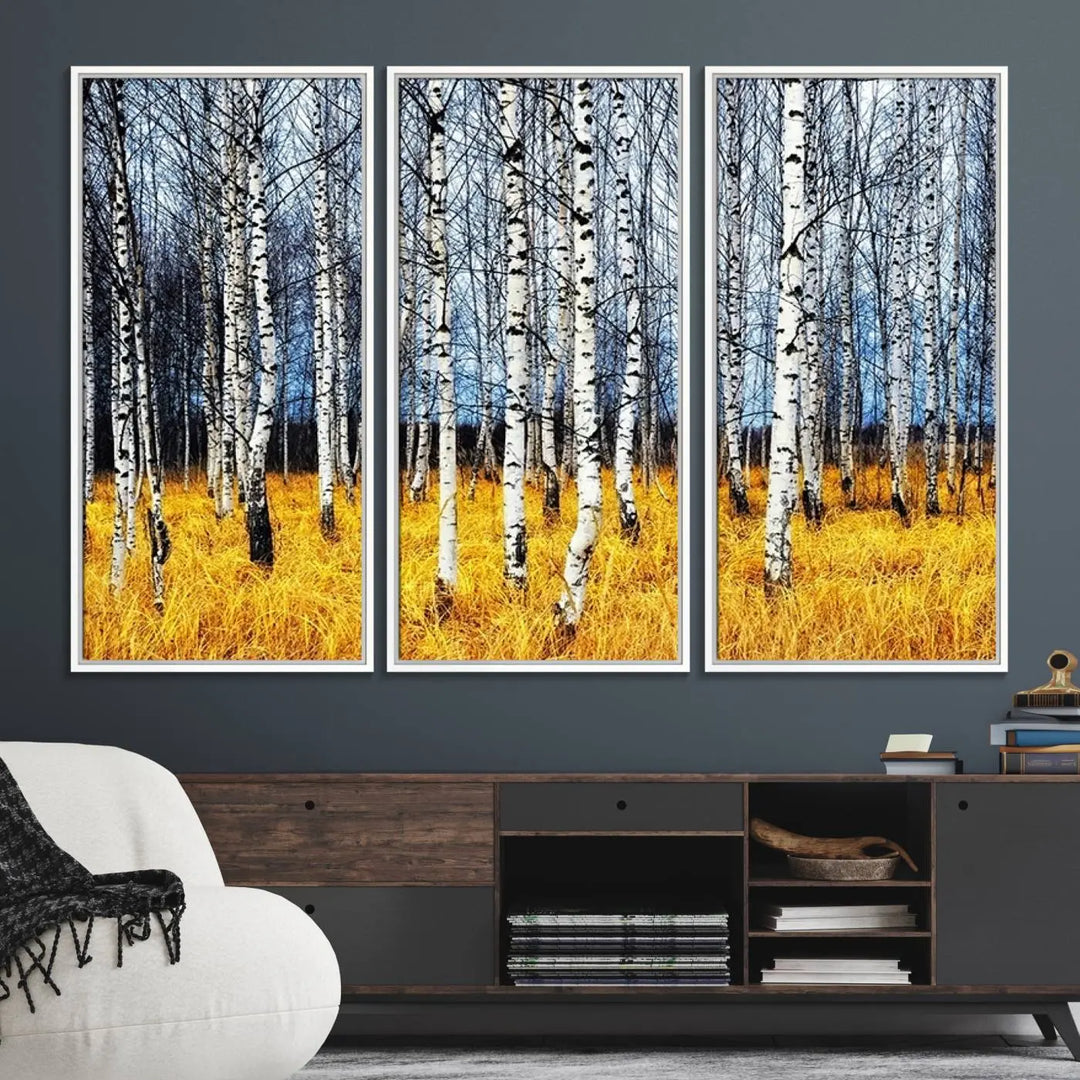 The Birch Trees Wall Art Print features a birch forest with yellow grass.