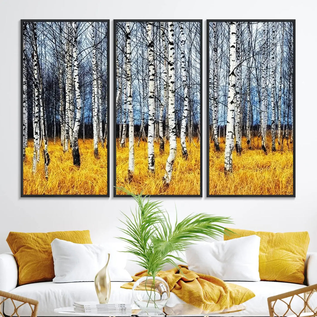 The Birch Trees Wall Art Print features a birch forest with yellow grass.