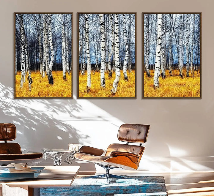 The Birch Trees Wall Art Print features a birch forest with yellow grass.