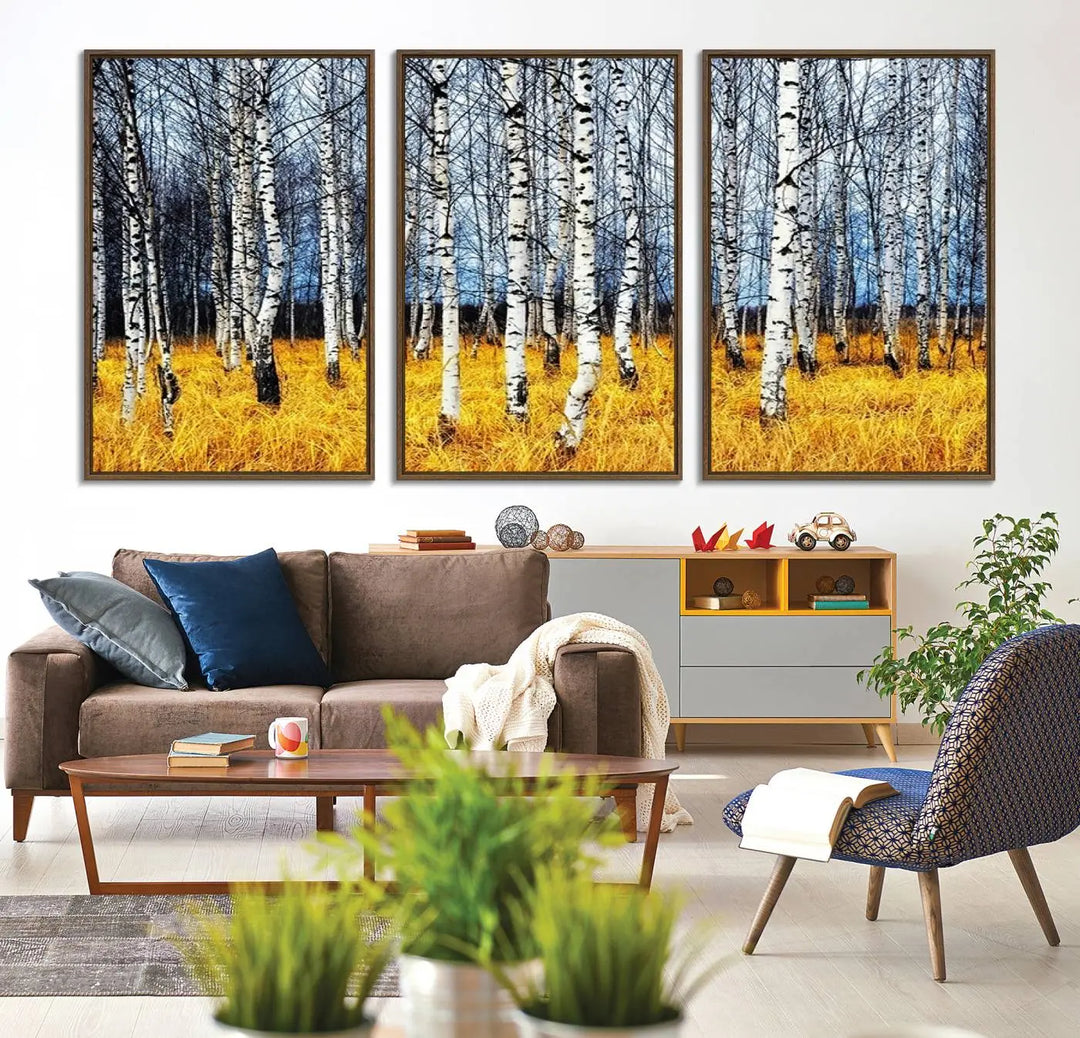 The Birch Trees Wall Art Print features a birch forest with yellow grass.