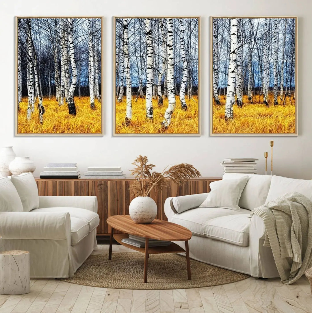 The Birch Trees Wall Art Print features a birch forest with yellow grass.