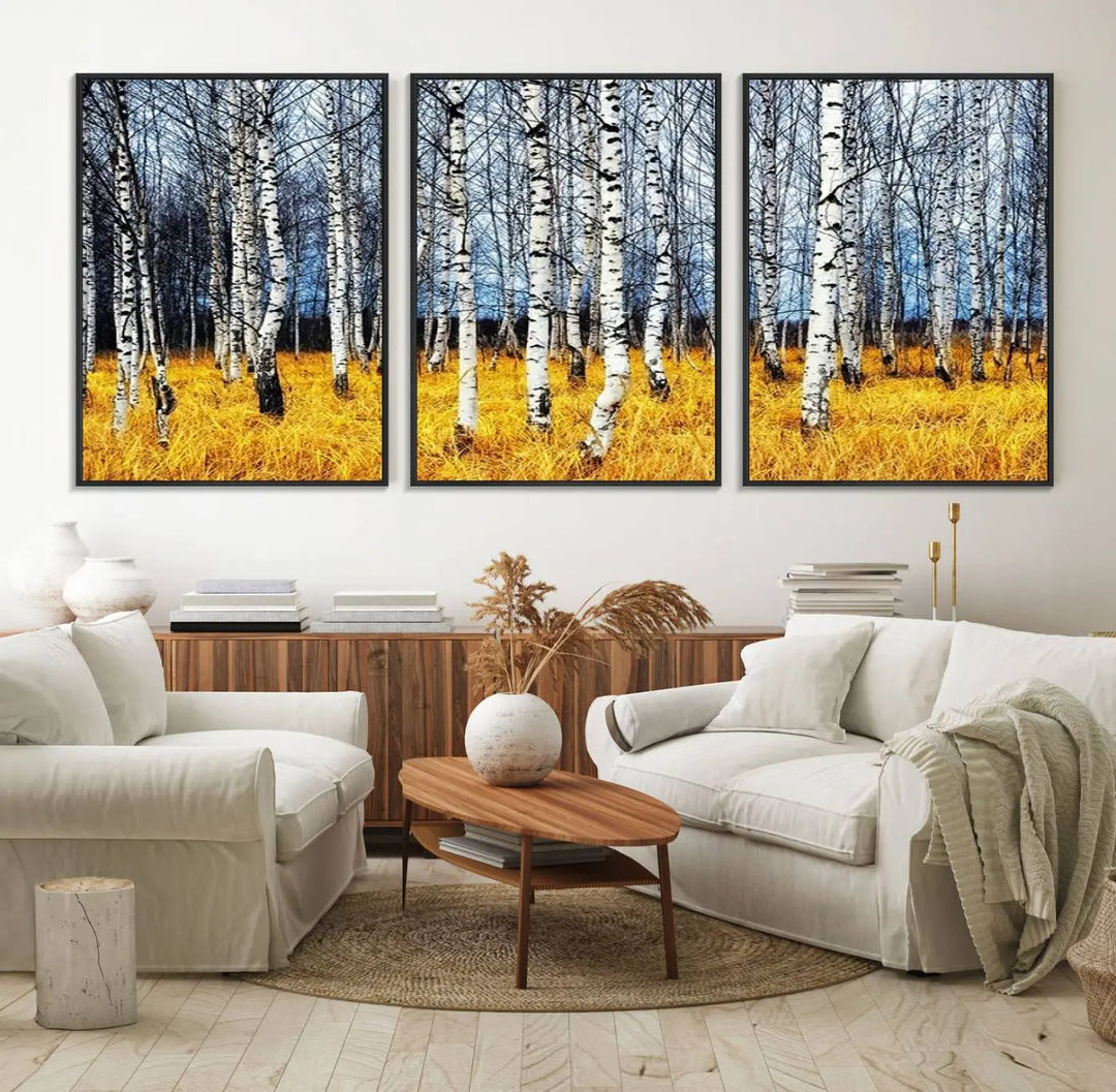 The Birch Trees Wall Art Print features a birch forest with yellow grass.