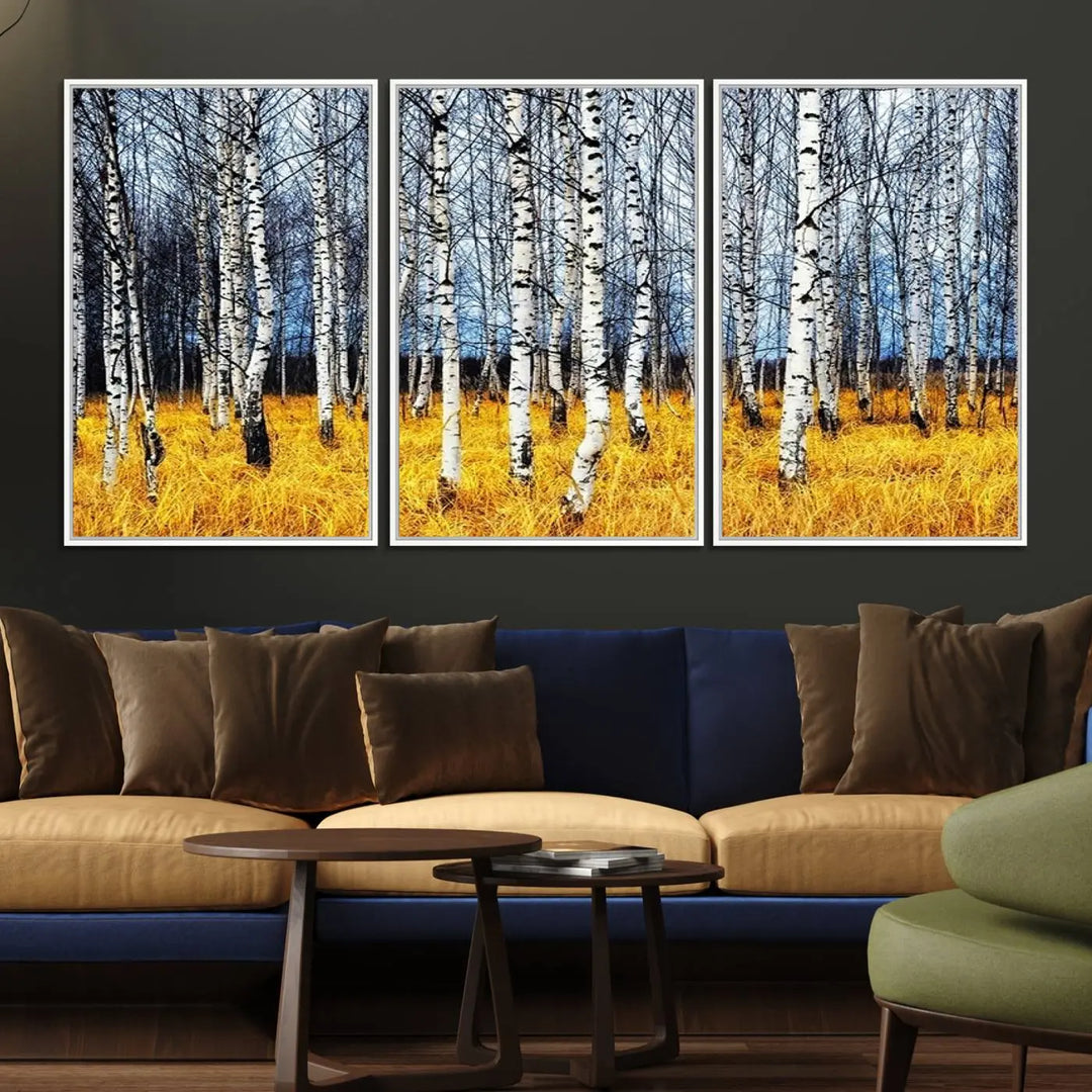 The Birch Trees Wall Art Print features a birch forest with yellow grass.