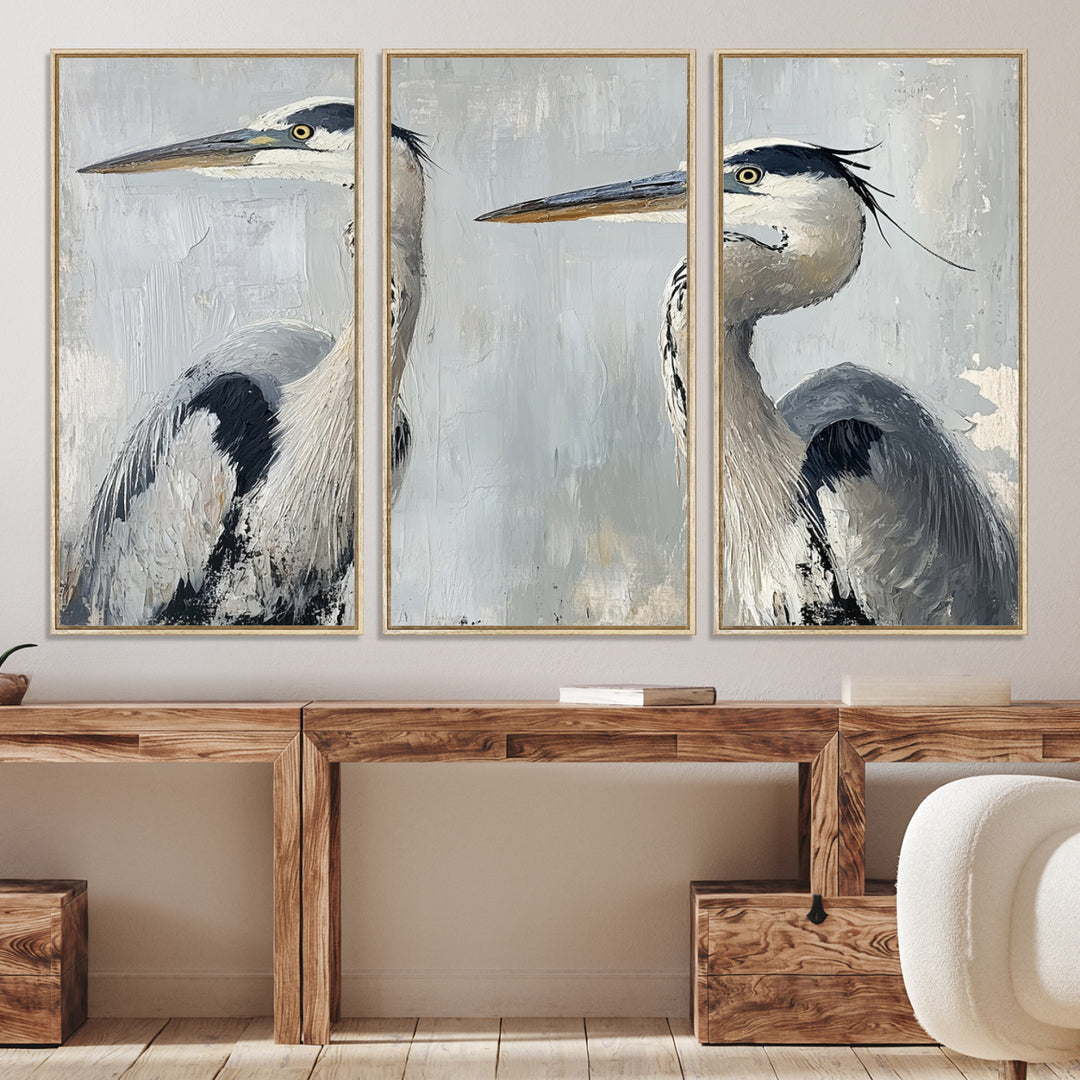 Bird Canvas Decor Wall Art Canvas Print, Coastal Bird Pair Print, Framed Minimalist Wildlife Wall Art Print, Large Blue Grey Animal Art,