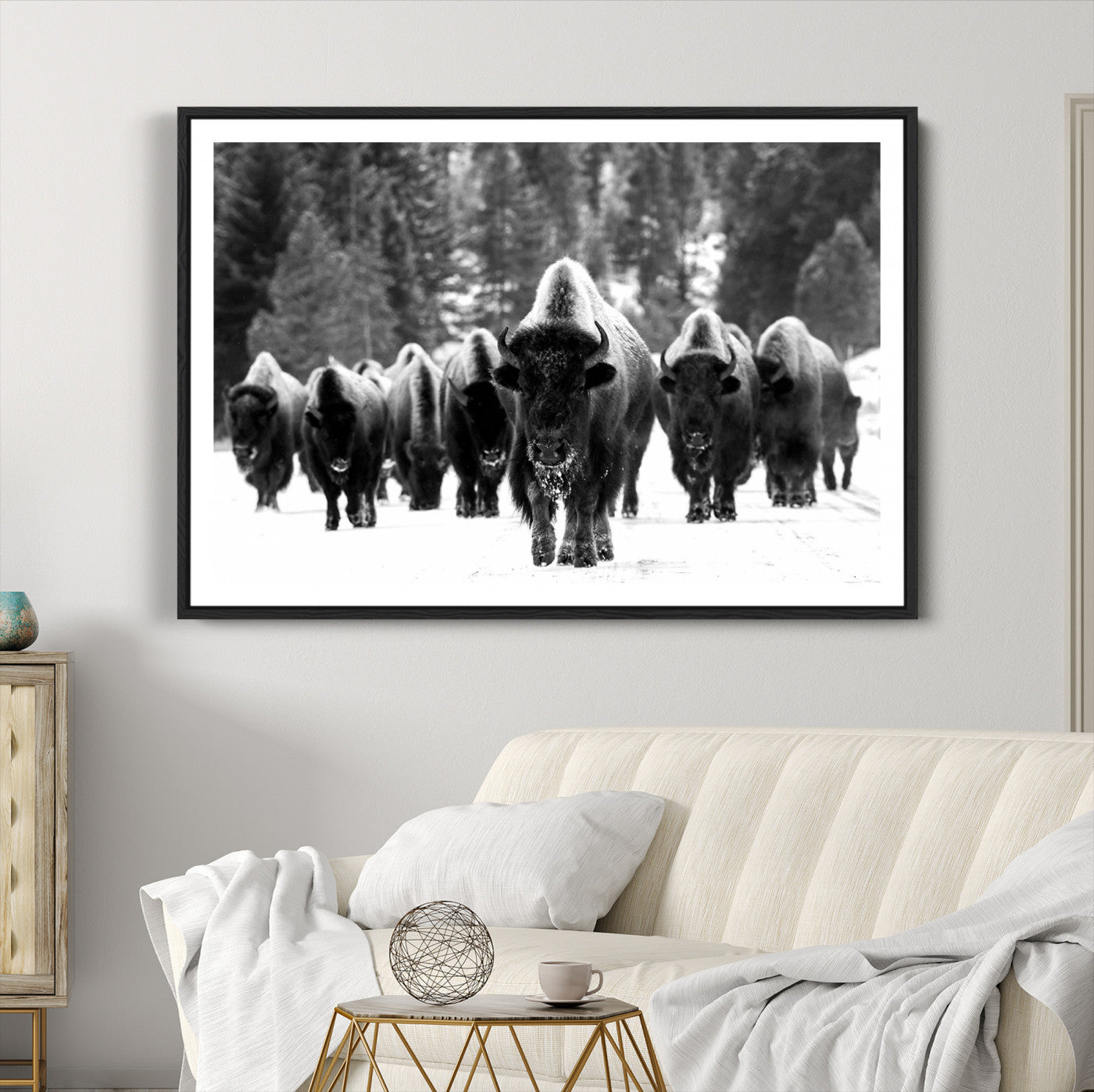 62434-MGC-FP-36x24_Black-Bison Herd in Snow Wall Art Canvas Print | Rustic Western Bison Wall Art for Decor for Living Room, Office, and Farmhouse Decor