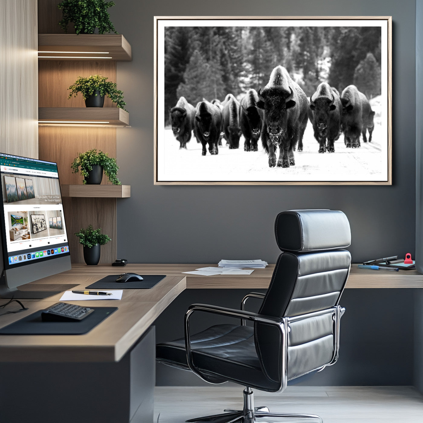 62434-MGC-FP-36x24_Natural-Bison Herd in Snow Wall Art Canvas Print | Rustic Western Bison Wall Art for Decor for Living Room, Office, and Farmhouse Decor