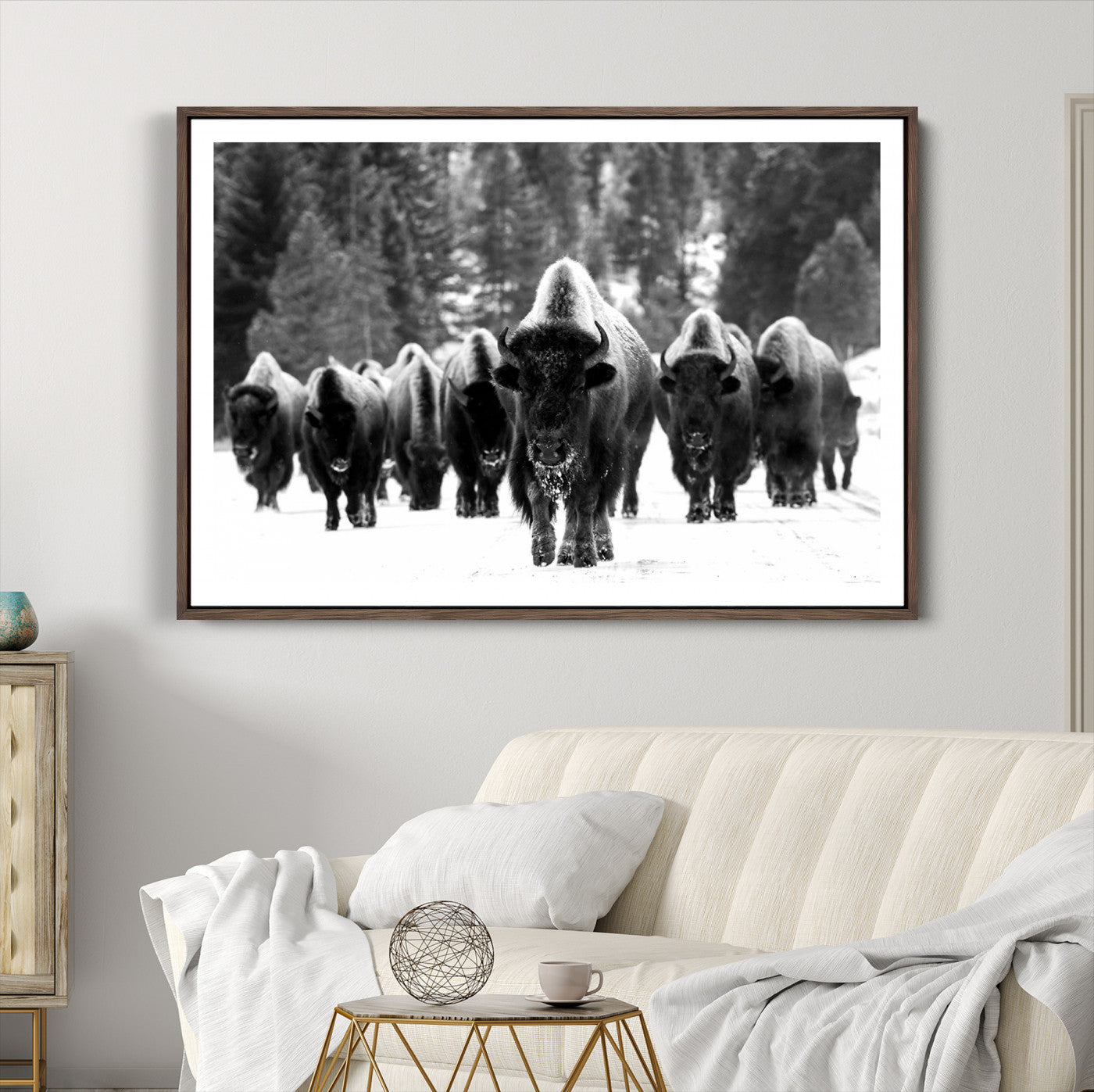 62434-MGC-FP-36x24_Walnut-Bison Herd in Snow Wall Art Canvas Print | Rustic Western Bison Wall Art for Decor for Living Room, Office, and Farmhouse Decor