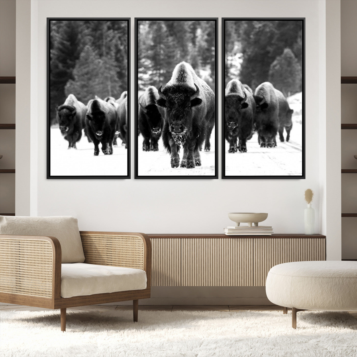 62434-MGV-FC-48X32-3P_Black-Bison Herd in Snow Wall Art Canvas Print | Rustic Western Bison Wall Art for Decor for Living Room, Office, and Farmhouse Decor