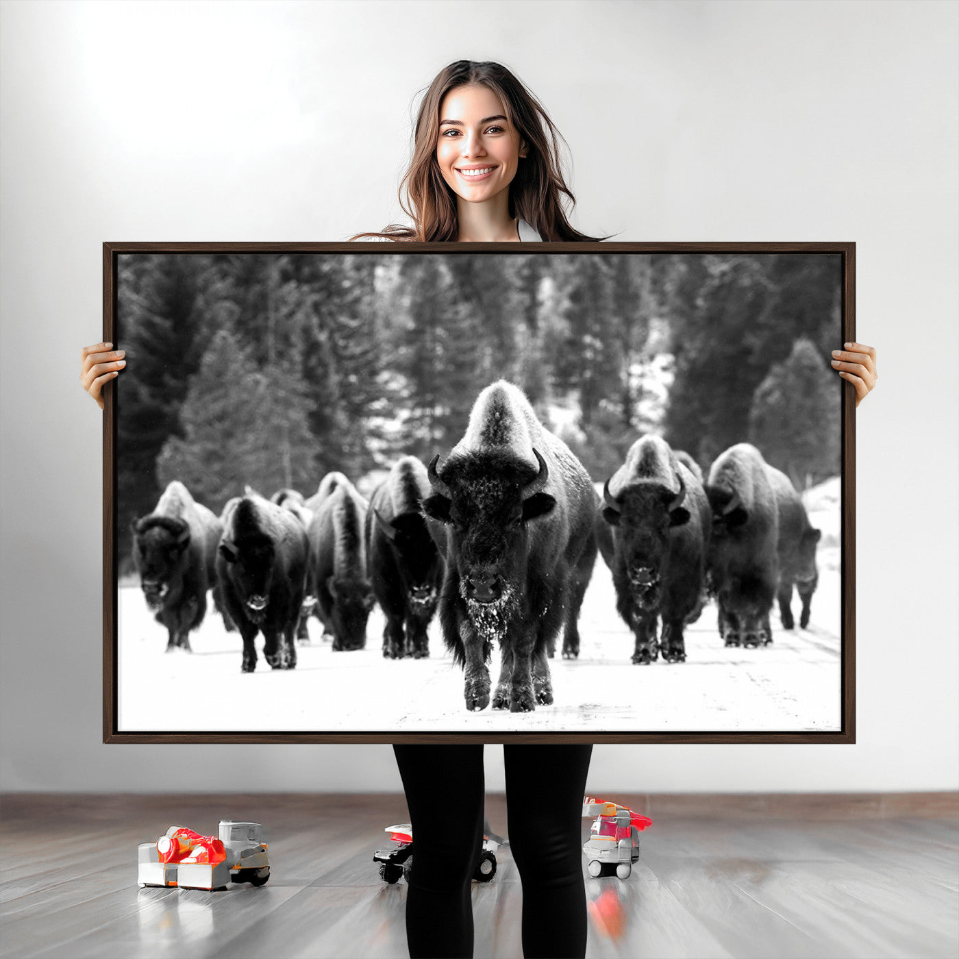 Bison Herd in Snow Wall Art Canvas Print | Rustic Western Bison Wall Art for Decor for Living Room, Office, and Farmhouse Decor | Framed