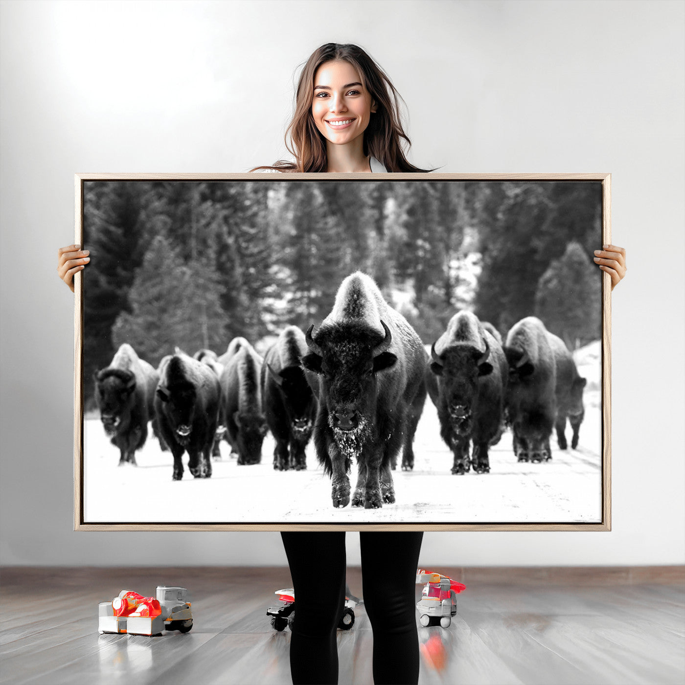 Bison Herd in Snow Wall Art Canvas Print | Rustic Western Bison Wall Art for Decor for Living Room, Office, and Farmhouse Decor | Framed
