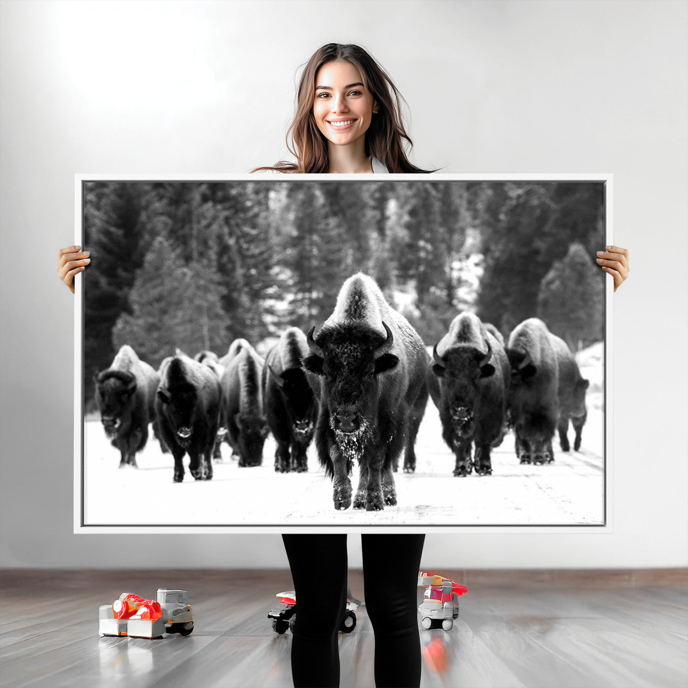 Bison Herd in Snow Wall Art Canvas Print | Rustic Western Bison Wall Art for Decor for Living Room, Office, and Farmhouse Decor | Framed