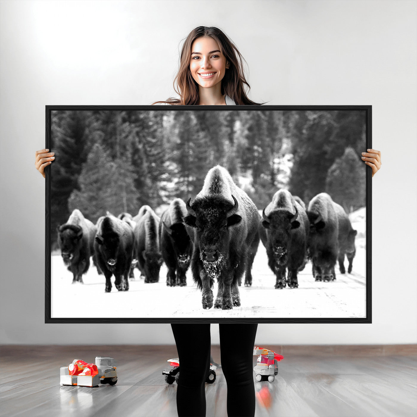 Bison Herd in Snow Wall Art Canvas Print | Rustic Western Bison Wall Art for Decor for Living Room, Office, and Farmhouse Decor | Framed