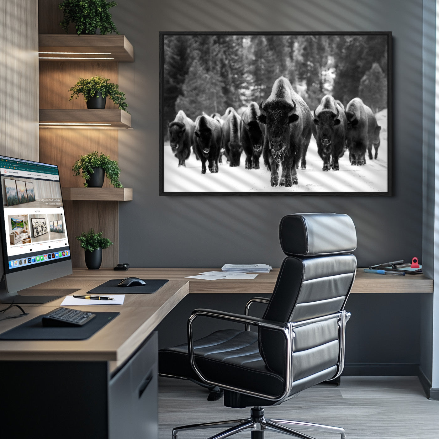 Bison Herd in Snow Wall Art Canvas Print | Rustic Western Bison Wall Art for Decor for Living Room, Office, and Farmhouse Decor | Framed