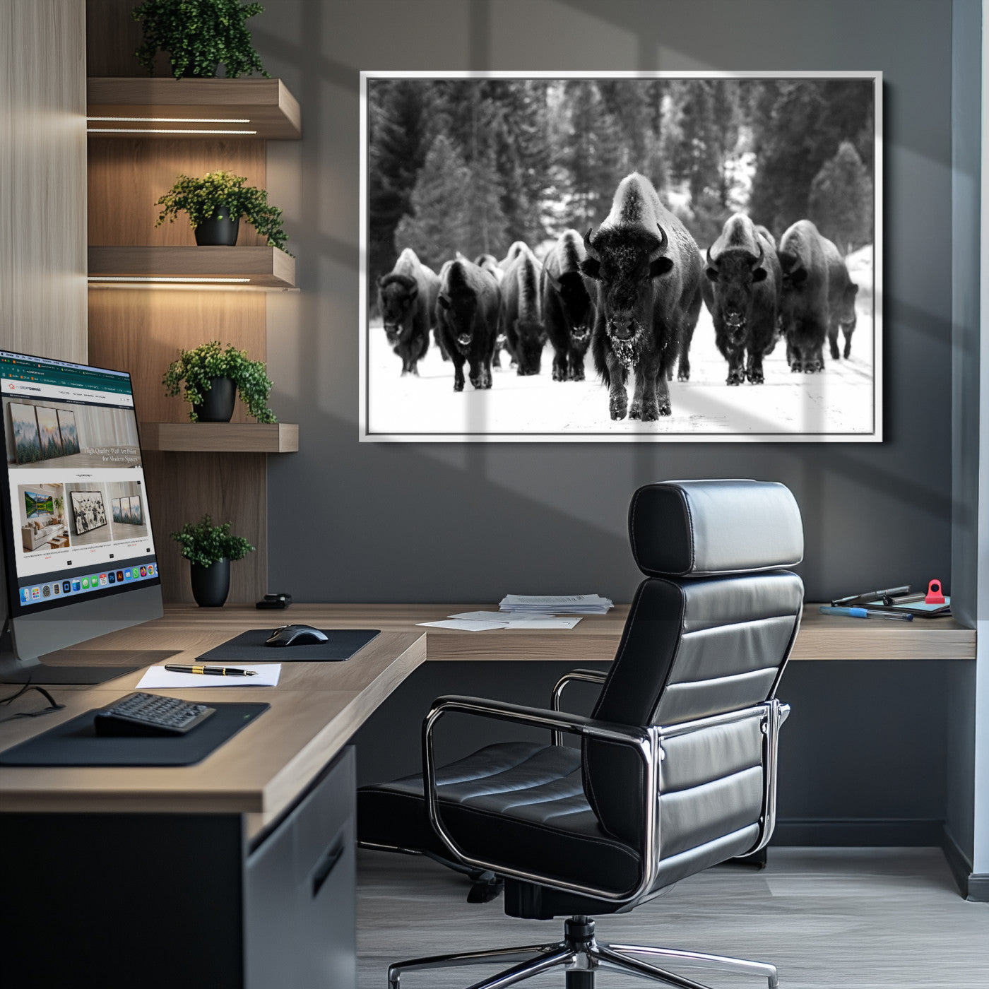 Bison Herd in Snow Wall Art Canvas Print | Rustic Western Bison Wall Art for Decor for Living Room, Office, and Farmhouse Decor | Framed