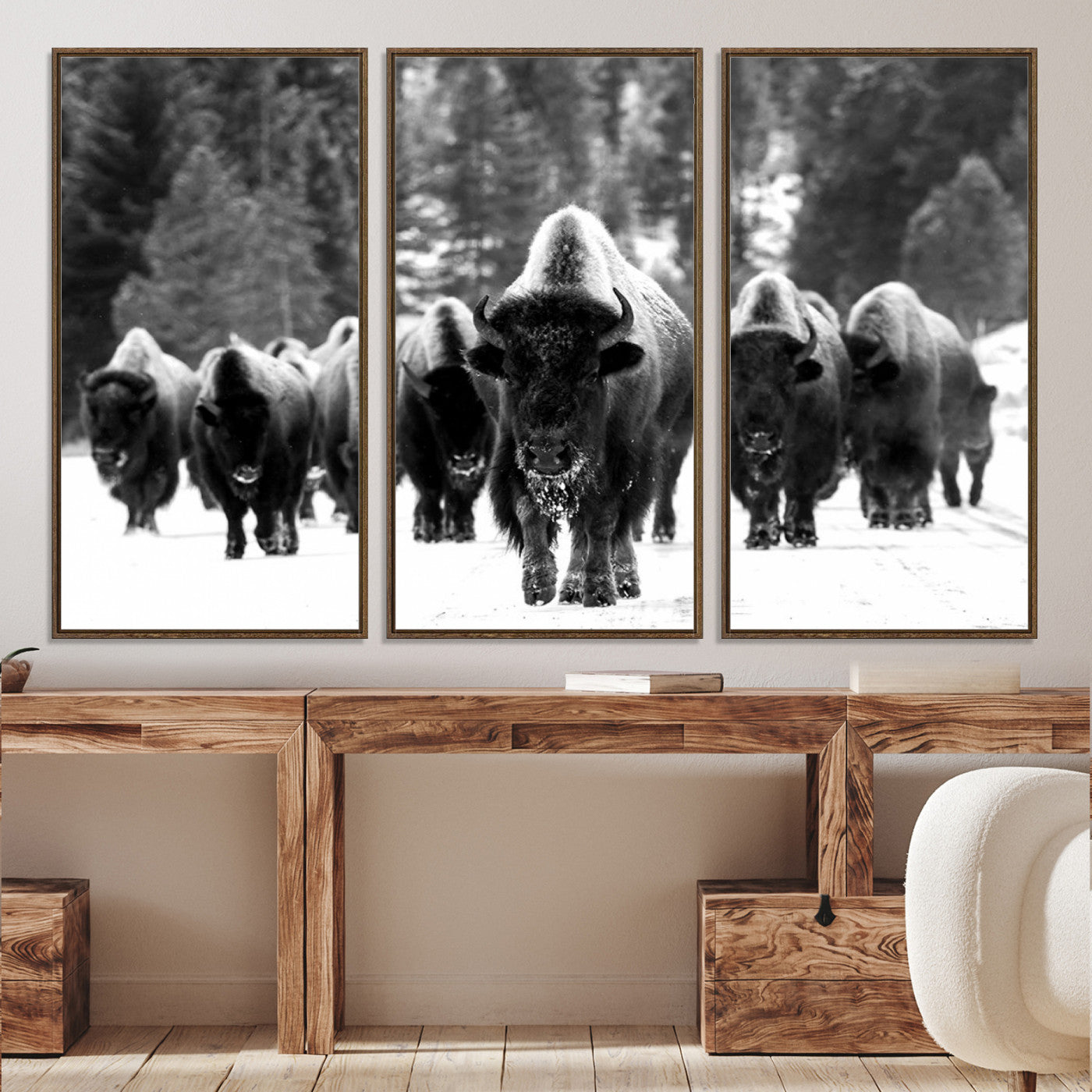 Bison Herd in Snow Wall Art Canvas Print | Rustic Western Bison Wall Art for Decor for Living Room, Office, and Farmhouse Decor | Framed