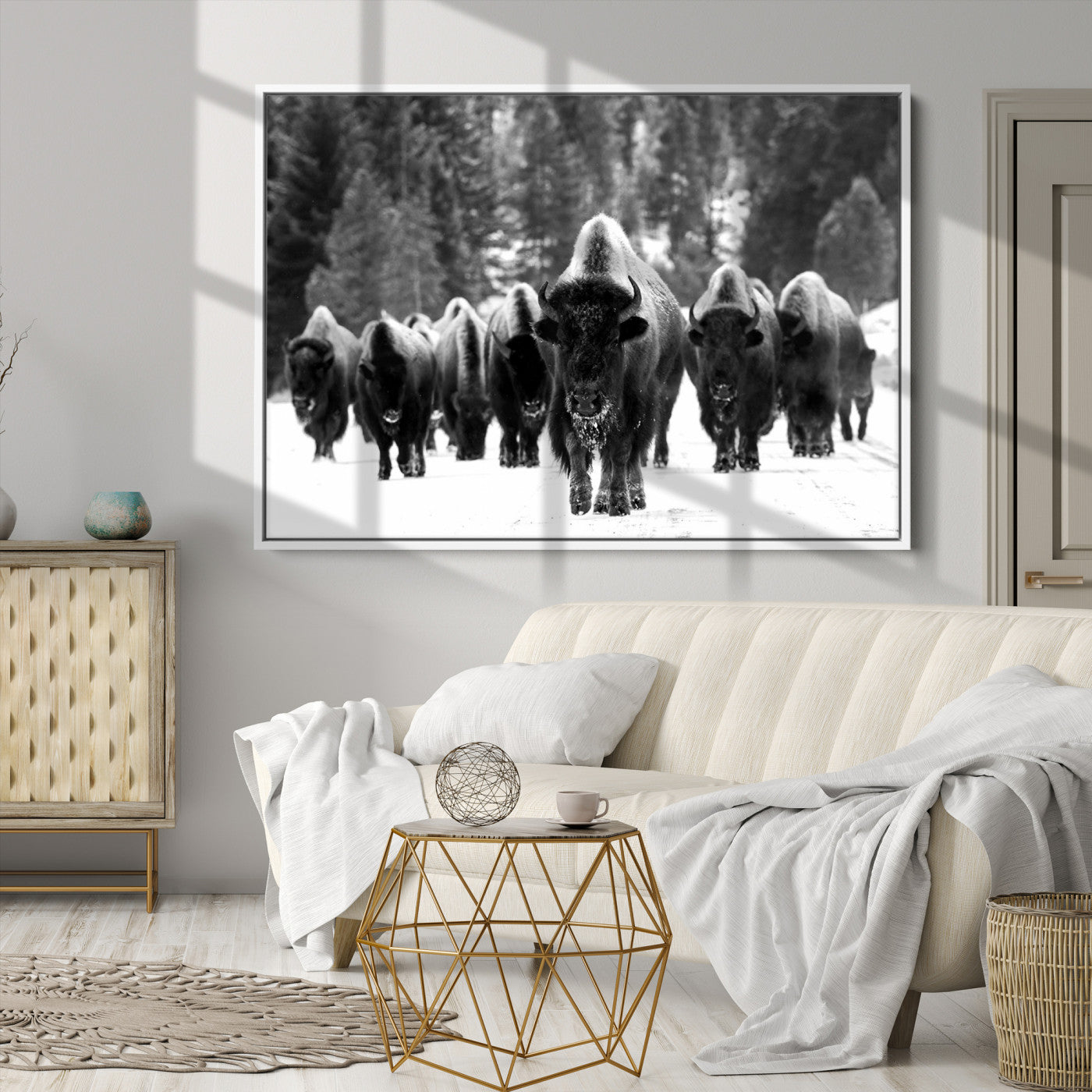 Bison Herd in Snow Wall Art Canvas Print | Rustic Western Bison Wall Art for Decor for Living Room, Office, and Farmhouse Decor | Framed