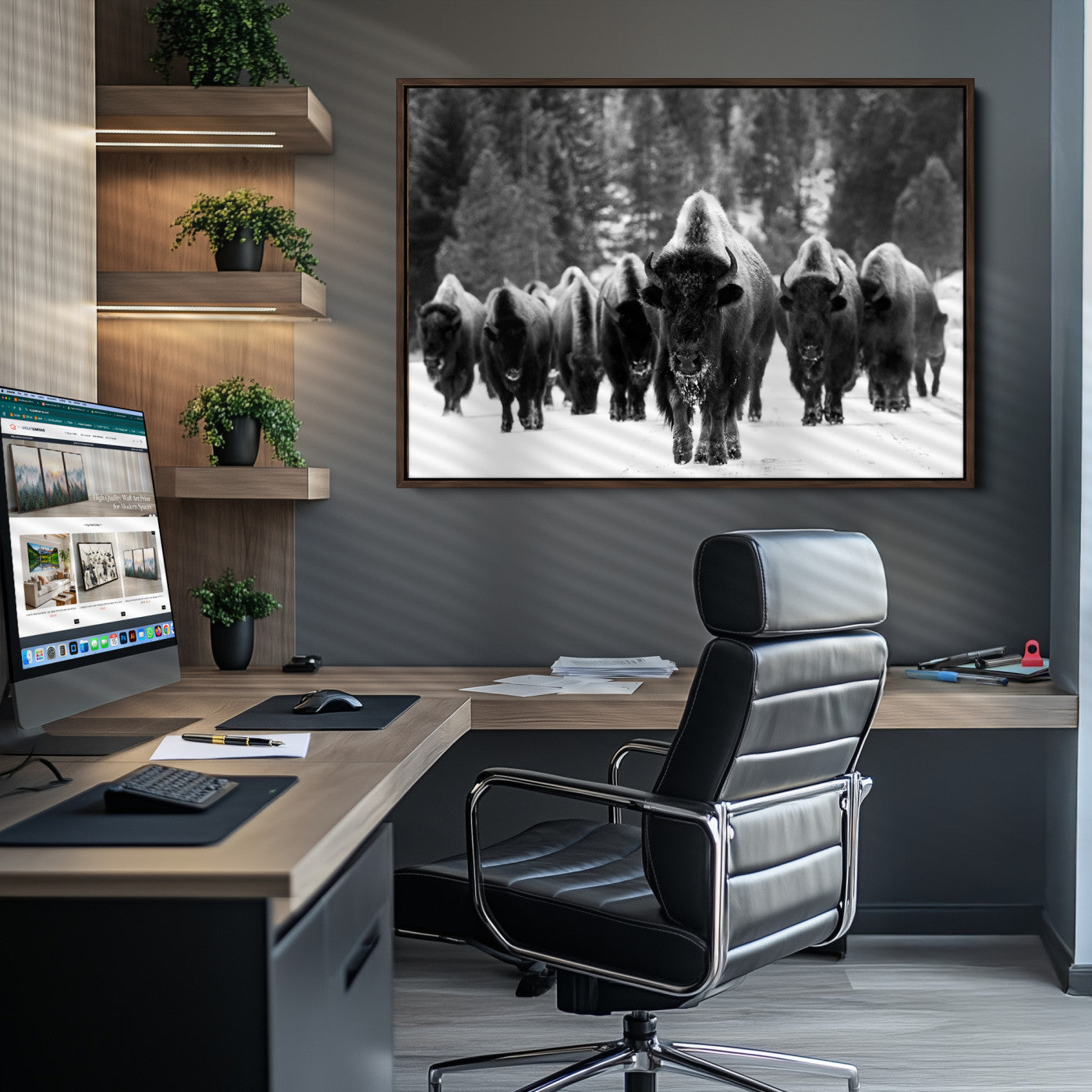 Bison Herd in Snow Wall Art Canvas Print | Rustic Western Bison Wall Art for Decor for Living Room, Office, and Farmhouse Decor | Framed