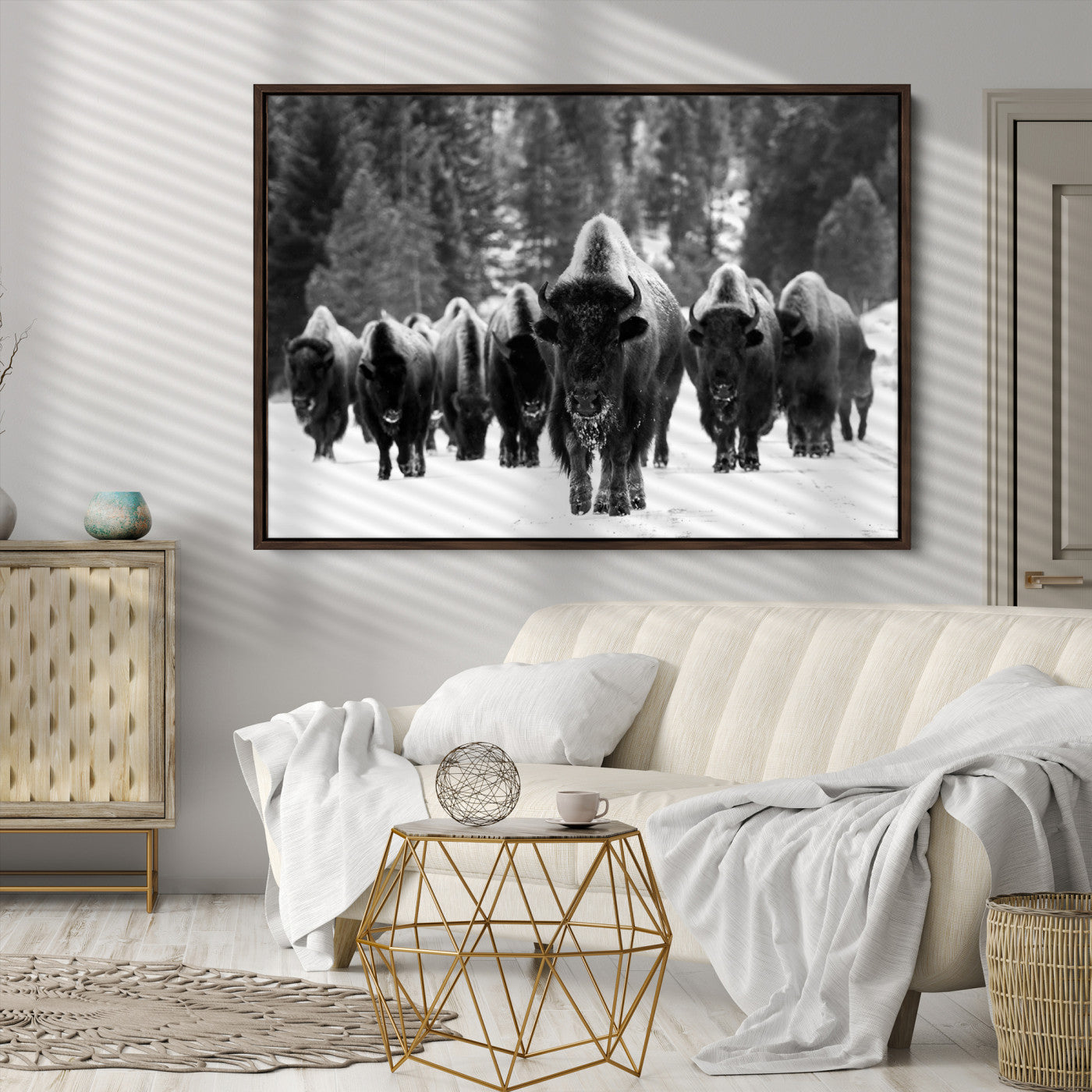Bison Herd in Snow Wall Art Canvas Print | Rustic Western Bison Wall Art for Decor for Living Room, Office, and Farmhouse Decor | Framed