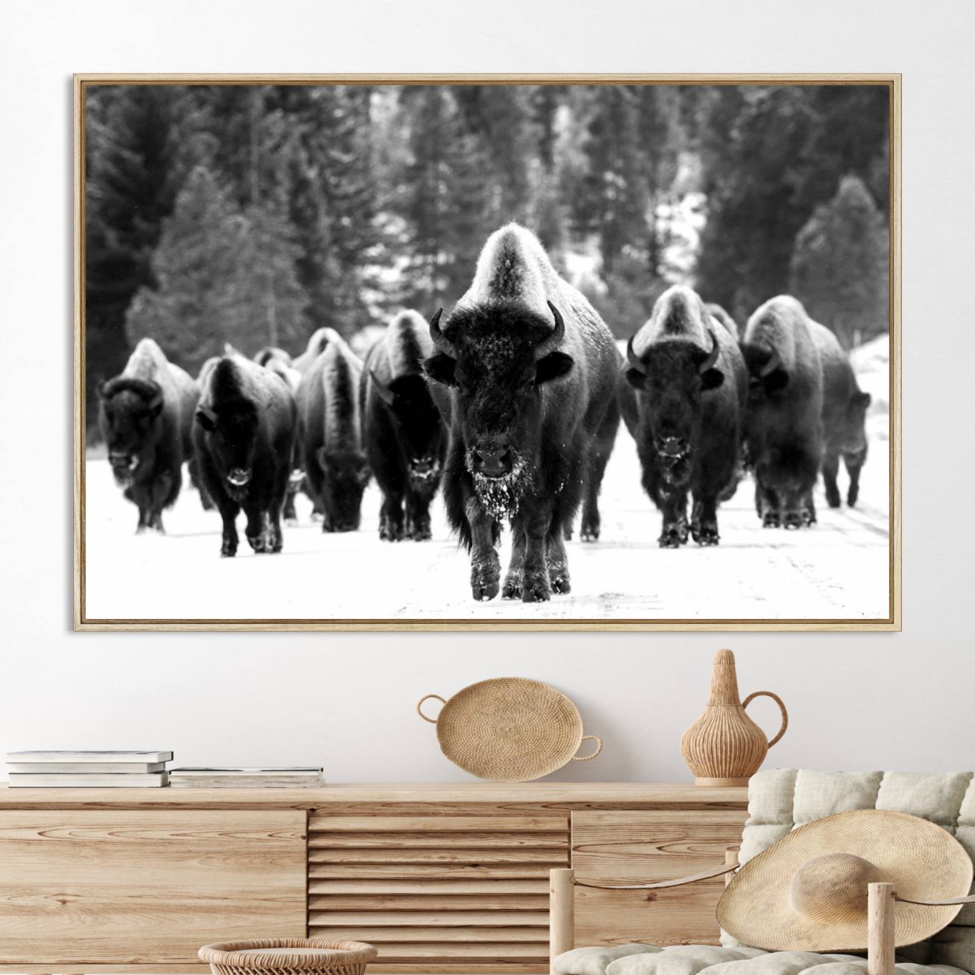Bison Herd in Snow Wall Art Canvas Print | Rustic Western Bison Wall Art for Decor for Living Room, Office, and Farmhouse Decor | Framed