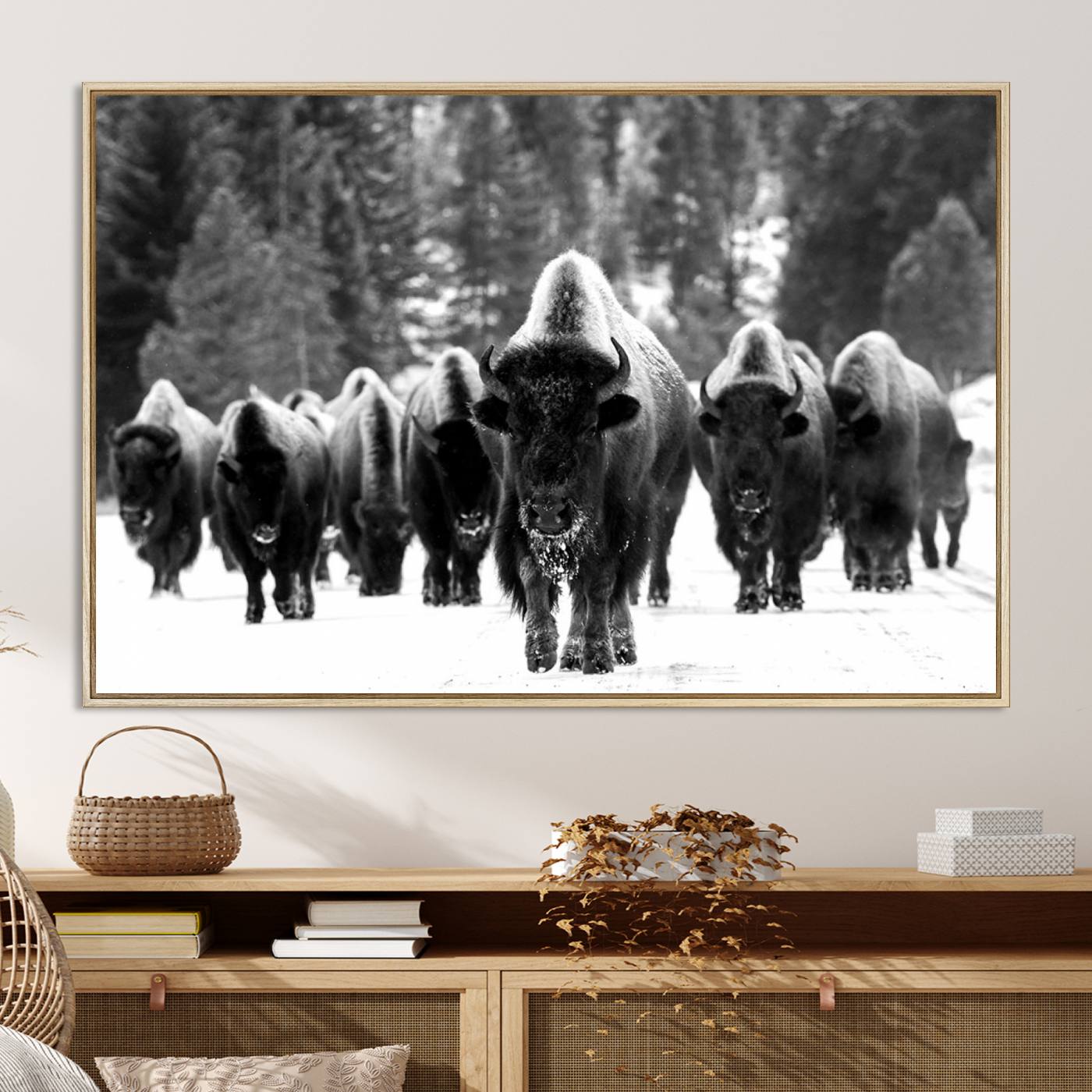 Bison Herd in Snow Wall Art Canvas Print | Rustic Western Bison Wall Art for Decor for Living Room, Office, and Farmhouse Decor | Framed