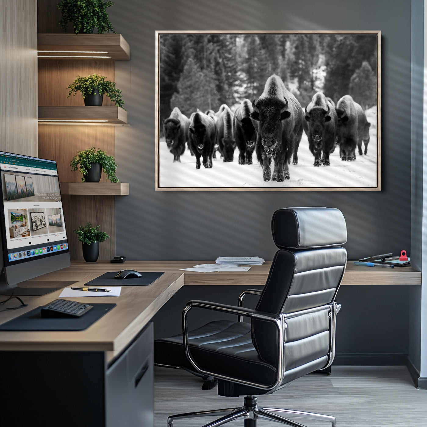 Bison Herd in Snow Wall Art Canvas Print | Rustic Western Bison Wall Art for Decor for Living Room, Office, and Farmhouse Decor | Framed
