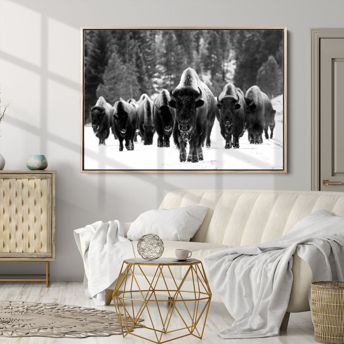 62434-MGV-CV-36X24-Bison Herd in Snow Wall Art Canvas Print | Rustic Western Bison Wall Art for Decor for Living Room, Office, and Farmhouse Decor | Framed