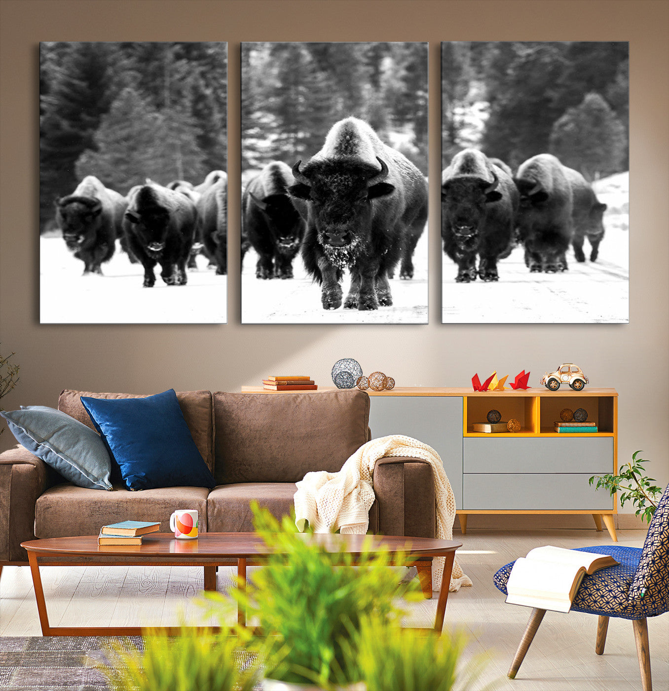 62434-MGV-CV-36X24-Bison Herd in Snow Wall Art Canvas Print | Rustic Western Bison Wall Art for Decor for Living Room, Office, and Farmhouse Decor | Framed