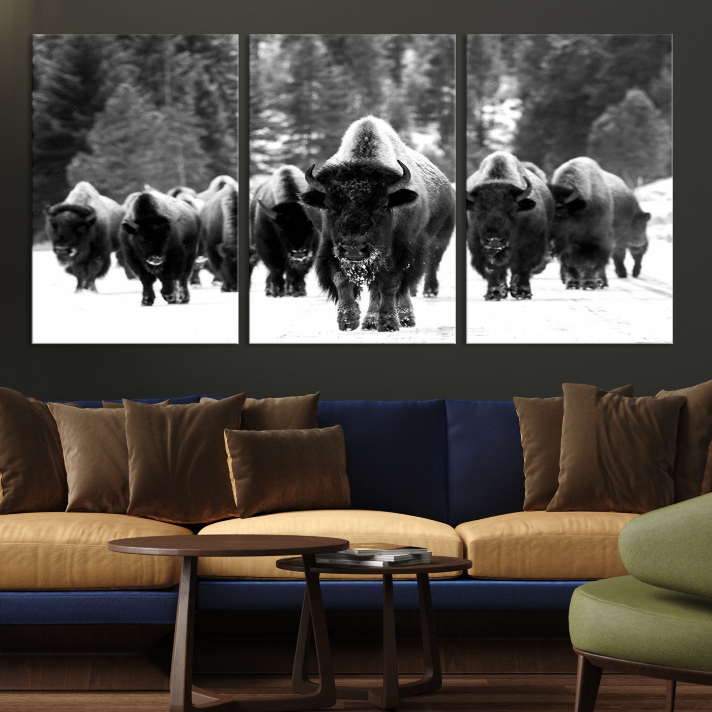 62434-MGV-CV-36X24-Bison Herd in Snow Wall Art Canvas Print | Rustic Western Bison Wall Art for Decor for Living Room, Office, and Farmhouse Decor | Framed