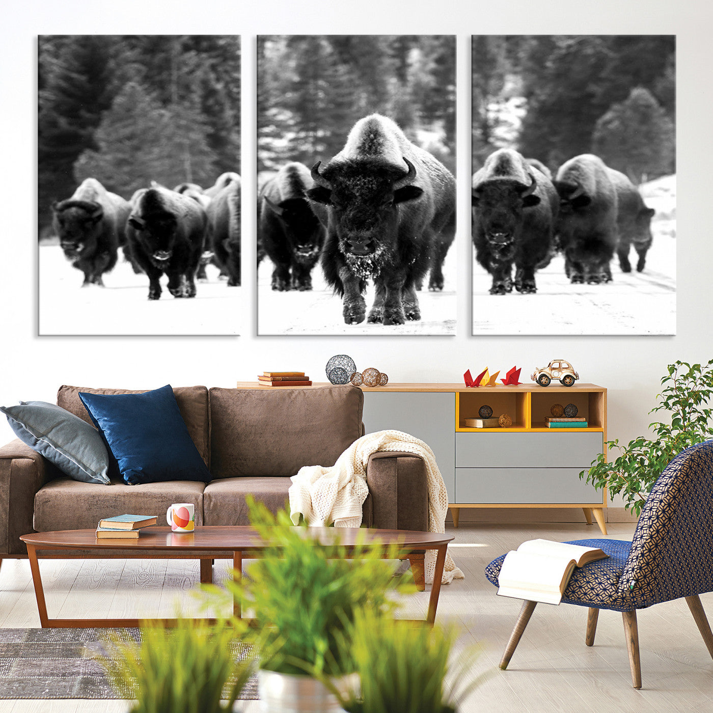 62434-MGV-CV-36X24-Bison Herd in Snow Wall Art Canvas Print | Rustic Western Bison Wall Art for Decor for Living Room, Office, and Farmhouse Decor | Framed