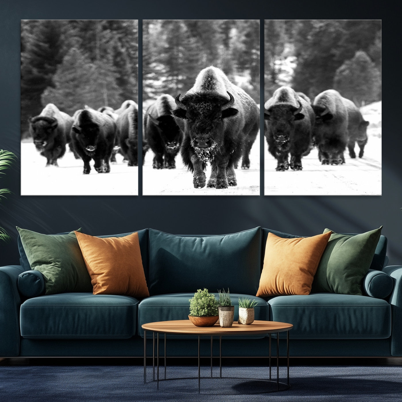 62434-MGV-CV-36X24-Bison Herd in Snow Wall Art Canvas Print | Rustic Western Bison Wall Art for Decor for Living Room, Office, and Farmhouse Decor | Framed