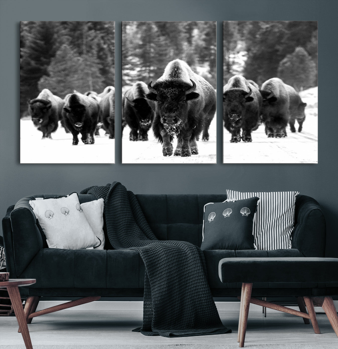 62434-MGV-CV-36X24-Bison Herd in Snow Wall Art Canvas Print | Rustic Western Bison Wall Art for Decor for Living Room, Office, and Farmhouse Decor | Framed