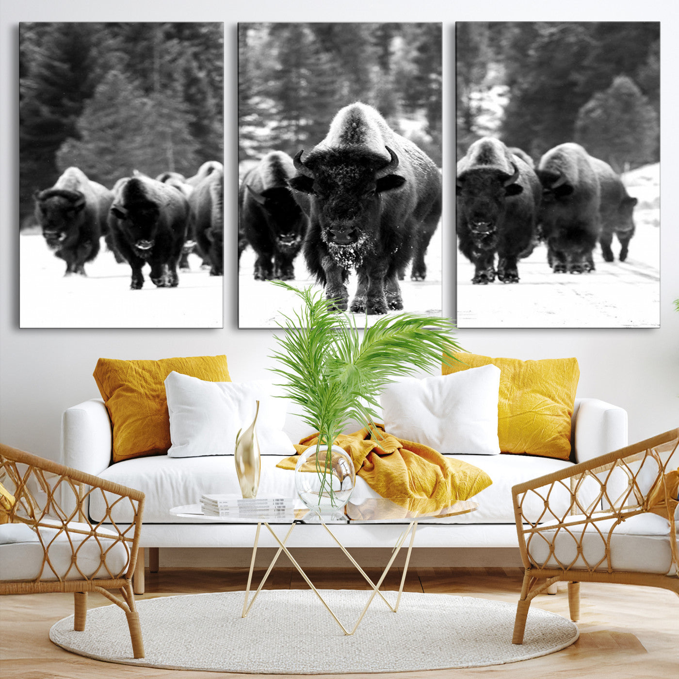 62434-MGV-CV-36X24-Bison Herd in Snow Wall Art Canvas Print | Rustic Western Bison Wall Art for Decor for Living Room, Office, and Farmhouse Decor | Framed