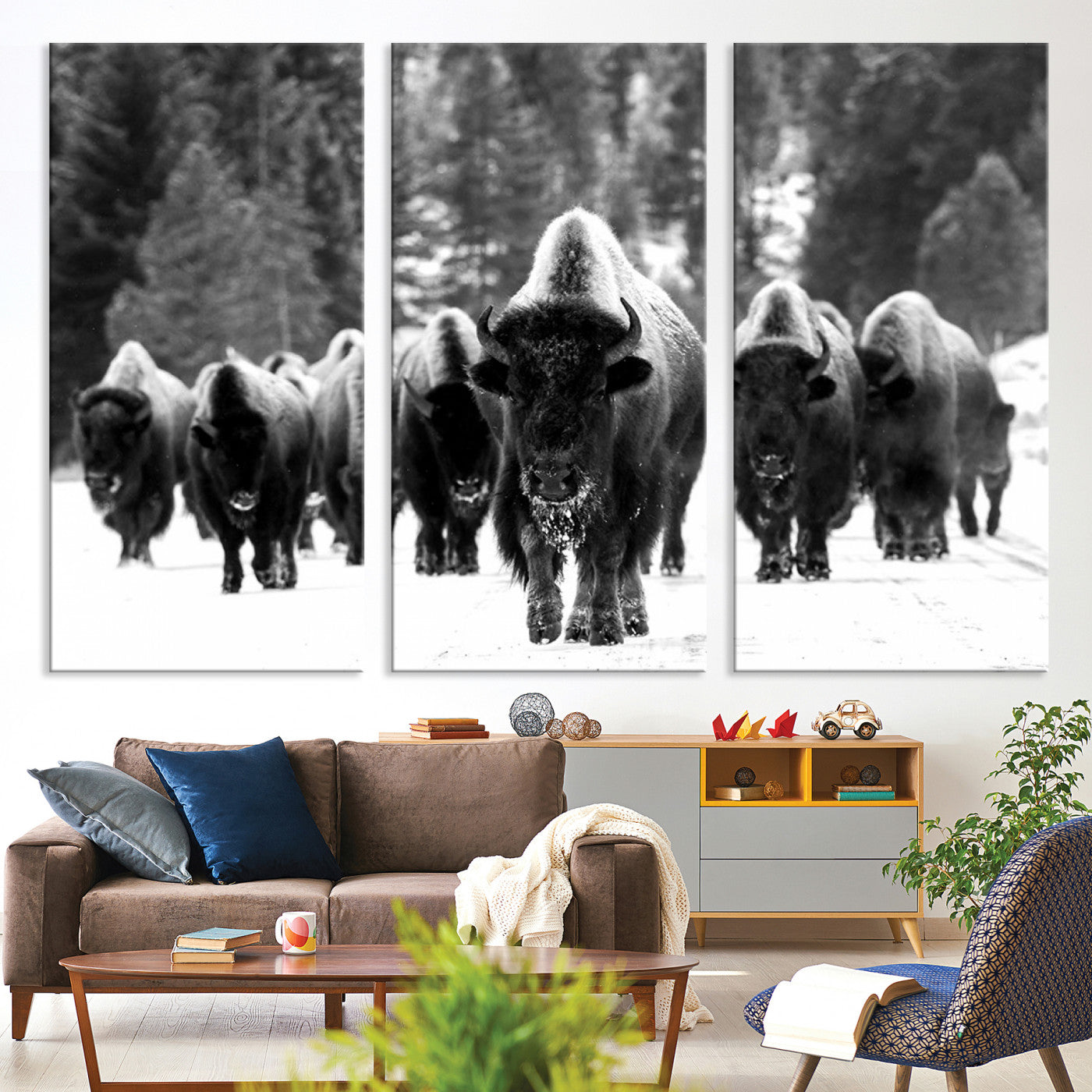 62434-MGV-CV-36X24-Bison Herd in Snow Wall Art Canvas Print | Rustic Western Bison Wall Art for Decor for Living Room, Office, and Farmhouse Decor | Framed