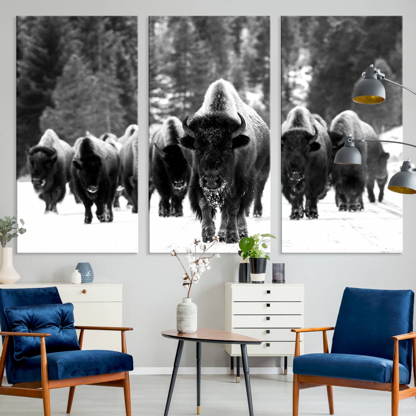62434-MGV-CV-36X24-Bison Herd in Snow Wall Art Canvas Print | Rustic Western Bison Wall Art for Decor for Living Room, Office, and Farmhouse Decor | Framed