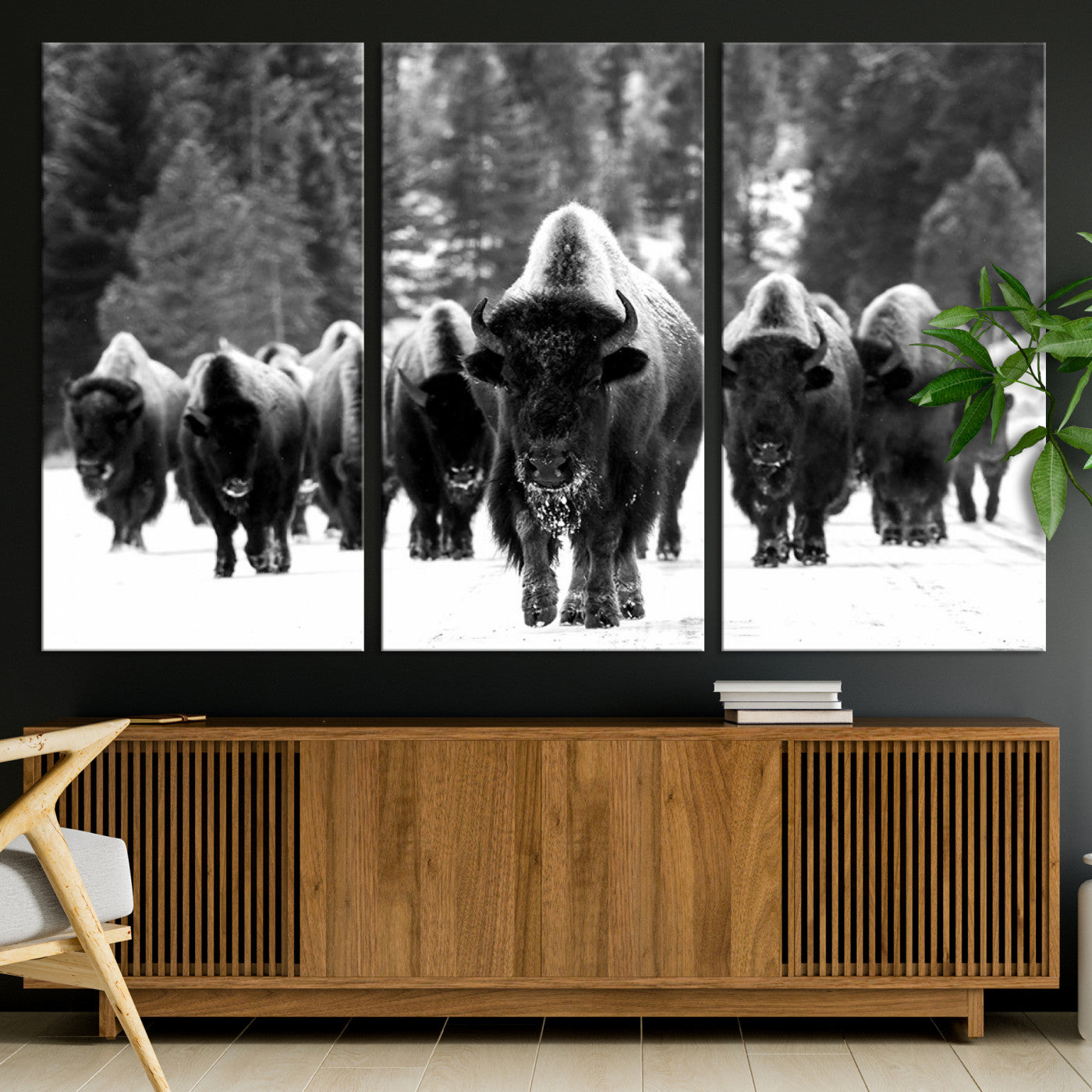 62434-MGV-CV-36X24-Bison Herd in Snow Wall Art Canvas Print | Rustic Western Bison Wall Art for Decor for Living Room, Office, and Farmhouse Decor | Framed