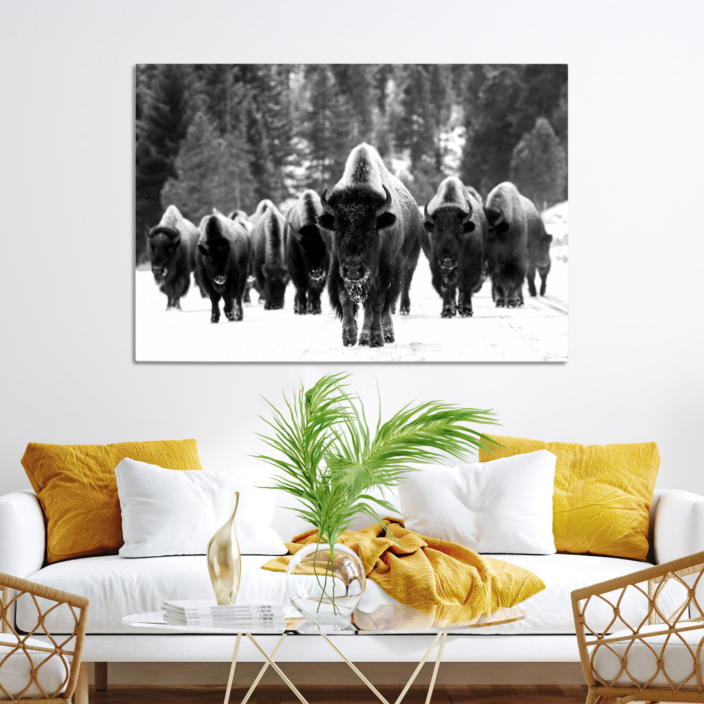 Bison Herd in Snow Wall Art Canvas Print | Rustic Western Bison Wall Art for Decor for Living Room, Office, and Farmhouse Decor | Framed